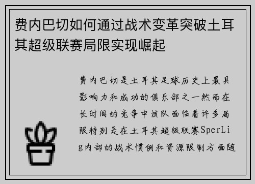 费内巴切如何通过战术变革突破土耳其超级联赛局限实现崛起 费内巴切如何通过战术变革突破土耳其超级联赛局限实现崛起